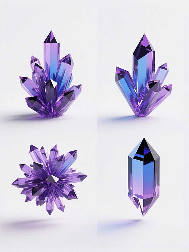 一组四个同系列水晶素材的规整排布设计，每个水晶簇保持相同的深紫到亮蓝渐变配色、高光泽透明质感和棱角分明的几何晶体结构，元素内容完全一致，但分别呈现四种截然不同的造型与角度——正面仰视的高耸晶体群、侧面45度角的层叠交错形态、俯视视角的放射状晶体排布、以及背面逆光的通透剪影效果，所有水晶均悬浮于纯色背景上，整体采用3D渲染的写实风格，光影对比强烈，水晶表面有细腻的反光和折射效果，画面构图对称平衡，四个水晶造型在白色背景上呈田字格规整排列，保持统一的视觉风格与色彩体系。