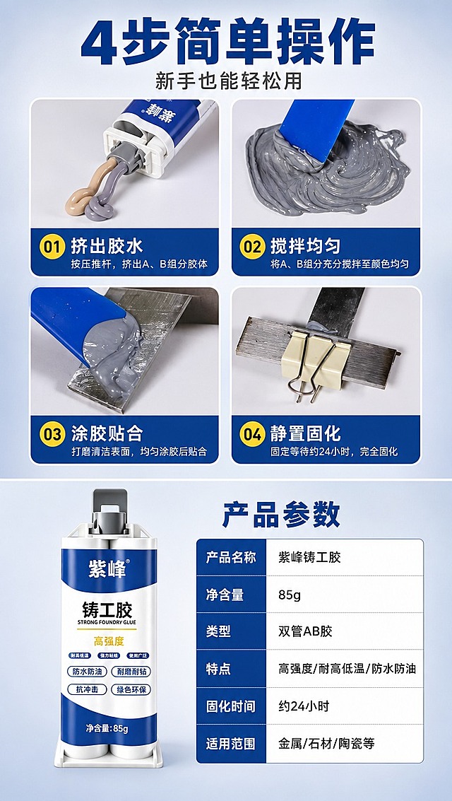 [商品] 使用【图1】紫峰铸工胶85g双管装；保留全部外观特征；上半区步骤演示中使用产品挤出胶体的场景，下半区参数页产品正面展示。参考【图4】的4步操作步骤版式，提取步骤演示的视觉结构。
[画面] 目标：使用步骤演示 + 产品参数收口，降低使用门槛并收尾。构图：上下分两区，上半区约60%为4步操作演示（2x2网格），下半区约40%为产品参数信息；上半区4个圆角卡片，每卡上方是步骤图，下方是步骤文字（参考图4的四步版式）：第1步挤出胶水、第2步搅拌混合、第3步打磨清洁均匀涂胶、第4步静置固化；下半区左侧产品正面展示（占下半区约40%），右侧参数表格（占约60%）；背景为浅灰蓝渐变，干净专业；阅读动线从上到下。
[视觉] 套系策略：风格=拼多多工业风大字报商业摄影；标题字=粗黑黑体，厚重有力；正文字=常规黑体，清晰易读；主色=深蓝（#1a4b9c）；背景延展=浅灰蓝渐变、白色参数卡片、深蓝标题栏；强调色=明黄色（#ffcc00），用于步骤序号、参数表头、重点标注；标题色=深蓝；正文色=深灰；组件=圆角步骤卡、黄色圆形步骤号、深蓝表头参数表、细分割线；光影=均匀柔光，清晰明亮。
[文字] 上半区顶部主标题："4步简单操作"（深蓝粗体大字），副标题："新手也能轻松用"（灰色小字）；4个步骤卡依次标注："01 挤出胶水""02 搅拌均匀""03 涂胶贴合""04 静置固化"；下半区参数表标题："产品参数"（深蓝粗体），表格内容：产品名称-紫峰铸工胶、净含量-85g、类型-双管AB胶、特点-高强度/耐高低温/防水防油、固化时间-约24小时、适用范围-金属/石材/陶瓷等；所有文字横排，表格清晰，手机端可读。
[规格] 图片比例9:16竖版，4K分辨率，负向提示：避免变形、错字、文字过小、模糊、产品颜色改变、拼多多Logo/水印、绝对化极限词。