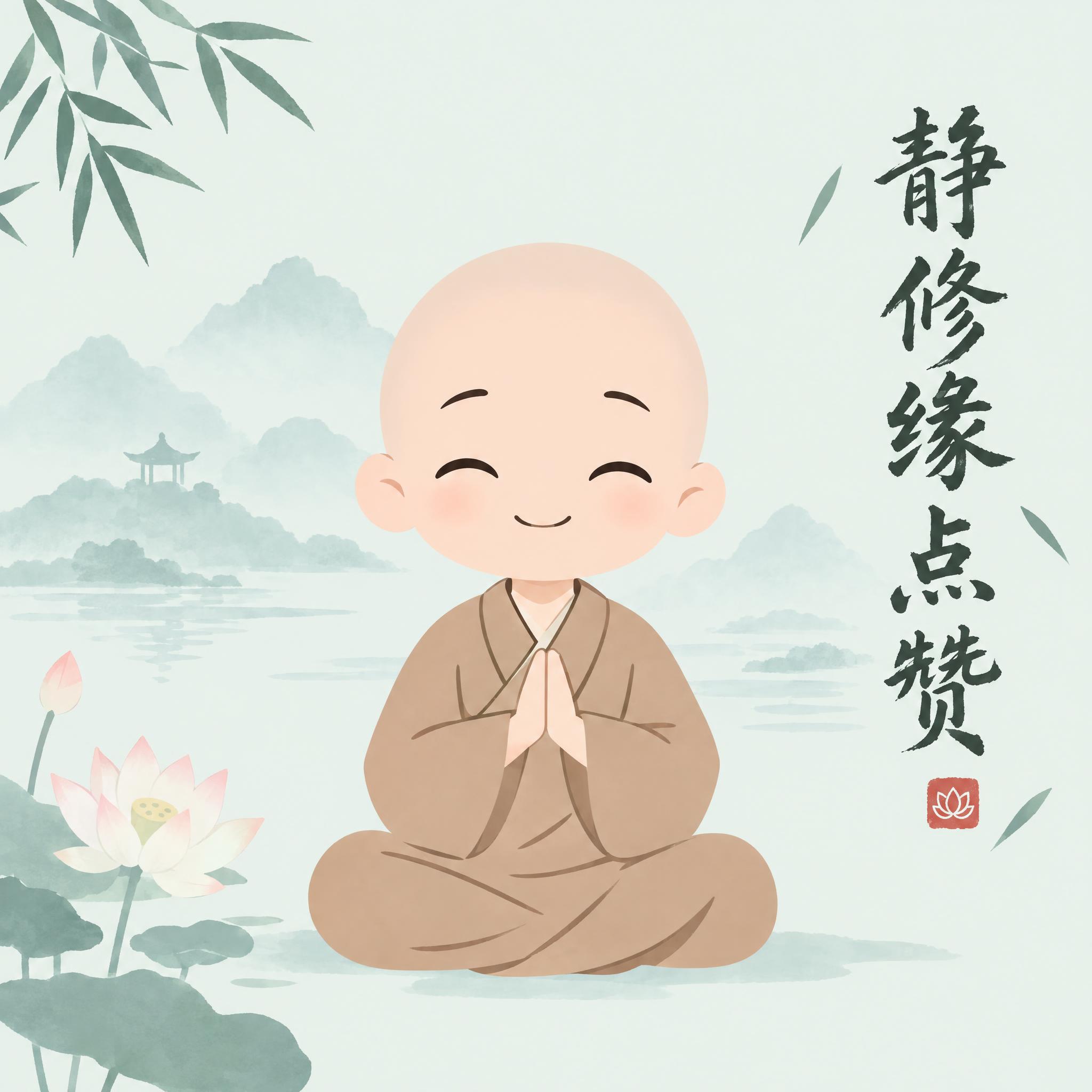 禅意风格Q版表情包第1帧，男版小和尚，光头，穿浅棕色僧袍，盘腿… - 图片创意预览