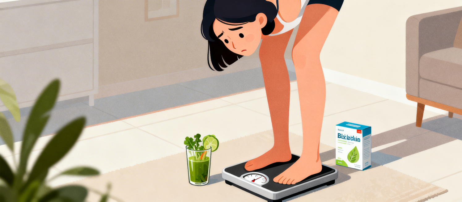 一位年轻女性站在体重秤上，低头看着秤上的数字，脸上带着困惑表情，秤的旁边放着一杯蔬菜汁和一盒益生菌，背景为简约的居家环境，整体是柔和暖色调，扁平插画风格，画面简洁干净。预览效果