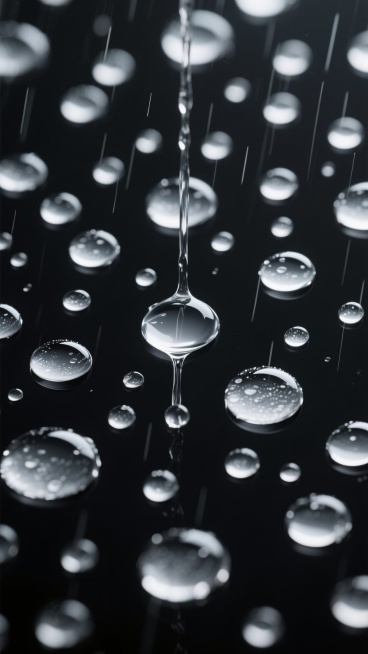 纯黑色背景上布满大小不一、形态各异的透明雨滴，部分雨滴汇聚成细长的水流向下滑落，水滴表面反射着微弱的高光，整体呈现出干净、简约的写实质感，画面纯粹无杂质，适合作为背景素材使用的雨天玻璃水滴效果特写。预览效果