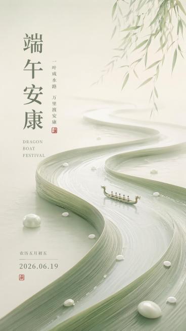 竖版9:16，新中式极简国风端午节海报，淡青浅米柔和低饱和色调，卷曲宽大粽叶蜿蜒化作弯曲河流，水面漂浮迷你小龙舟，舟上数人划船，水面散落白玉石水珠，右上角垂落淡绿柳枝，留白高级质感，柔和柔光，细腻3D预览效果