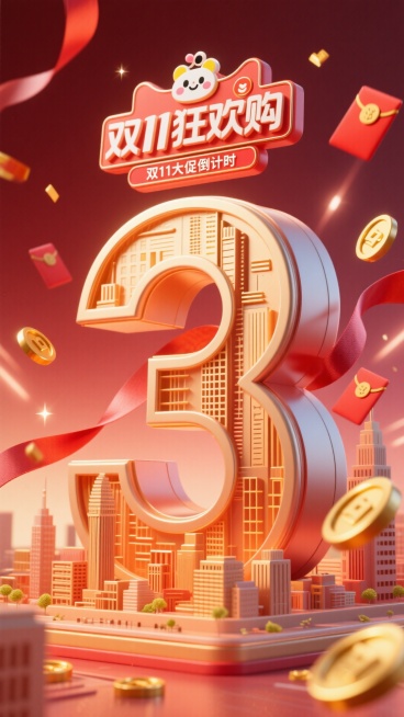 巨型城市质感数字 “3”，顶部设置 “双11狂欢购” 主题标签（带卡通装饰元素），搭配 “双11大促倒计时 ”文字，背景采用暗红色渐变，融入炫光、丝带、金币、红包等装饰元素，整体营造紧迫的促销倒计时氛预览效果