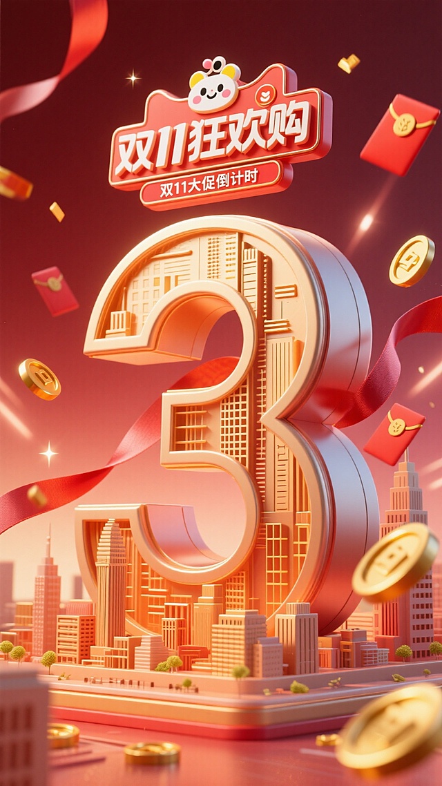 3D浮雕风融合微缩城市景观，鎏金大字“3”与卡通萌虎元素碰撞，红金配色营造喜庆促销氛围，金币红包飞舞，尽显双11狂欢感。
