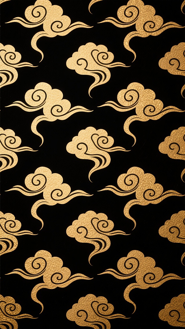 一张以纯黑色为背景的图案设计，由金色的云纹暗纹构成无缝重复的背景，这些云纹线条流畅优美，呈现出传统而典雅的装饰风格，整体画面简洁大方，具有强烈的视觉冲击力和艺术美感，金色云纹在黑色背景上显得格外精致和突出，营造出一种高贵而神秘的氛围。