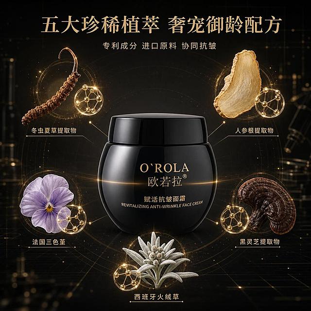[主图-2] 核心成分解析图 五大珍稀植萃成分环绕展示
[氛围风格] 黑金科研奢宠风 成分可视化 高级实验室质感 深邃神秘
[画质] 超高清商业摄影质感 3D分子渲染 细节精致 画面干净通透
[元素] 画面中心偏下放置黑色面霜罐 正面展示 瓶身周围悬浮环绕五大核心成分原料 每一种成分都有真实质感的原料形态+半透明3D分子球结构 用极细金色引线指向瓶身 左上方悬浮冬虫夏草 深褐色虫体+草头完整 旁边有金色分子结构球 右上方悬浮人参根切片 淡黄色半透明切片纹理清晰 右下方悬浮黑灵芝 深褐色伞盖光泽温润 左下方悬浮法国三色堇花瓣 淡紫色花瓣轻盈通透 底部中央悬浮西班牙高山火绒草 银白色绵毛叶片精致 每种成分旁边有极小的金色标签标注成分名 背景为深邃炭黑色 带有极淡的科技网格线 空气中漂浮微量金色粒子 保持面霜产品外观与输入产品图一致 商品主体占比约40% 画面满屏无边框
[光影] 顶部柔光箱均匀布光 每种成分自带微弱金色内发光 瓶身正面有金色高光带 整体光线柔和 暗部有细节 高级实验室氛围
[配色] 主色深邃炭黑 辅色香槟金 点缀色各成分天然原色（深褐 淡黄 淡紫 银白） 点缀色总面积不超过15%
[视角构图] 平视略偏俯视 产品居中 五大成分环绕分布形成圆形构图 景深中等 背景虚化
[文字版式] 画面顶部中央大字标题"五大珍稀植萃 奢宠御龄配方" 香槟金色大号衬线字体 下方小字"专利成分 进口原料 协同抗皱" 字号约为标题的35% 浅金色 每种成分旁有极小的金色标签文字 如"冬虫夏草提取物""人参根提取物""黑灵芝提取物""法国三色堇""西班牙火绒草" 全部横排 清晰可读
[输出要求] 1:1比例 文字清晰锐利可辨 超高清商业摄影质感
[负向提示词] 变形 文字错乱 产品模糊 背景杂乱 水印 电商平台Logo 多余的手 手指畸形