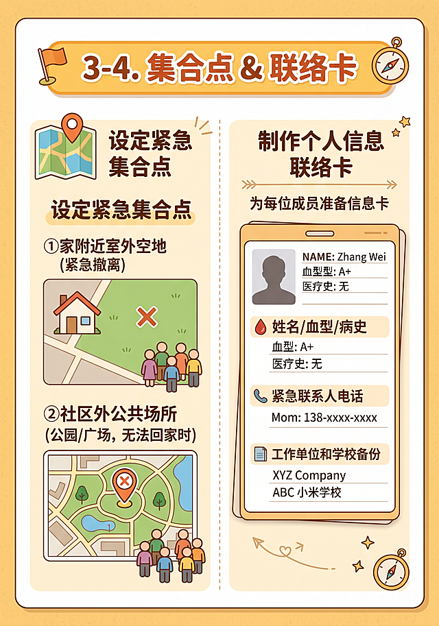 A4纵向手册P4，暖色调，顶部标题：“3-4. 集合点 & 联络卡”，左侧“设定紧急集合点”旁配地图图标：①家附近室外空地（紧急撤离）②社区外公共场所（公园/广场，无法回家时），右侧“制作个人信息联络卡”用卡片样式展示：为每位成员准备信息卡：姓名/血型/病史/紧急联系人电话，工作单位和学校备份，清晰排版