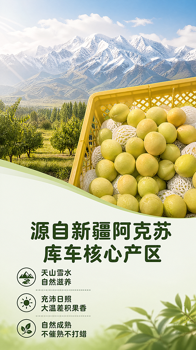 [第2屏] 产地优势展示屏，展示库车小白杏新疆阿克苏核心产区优势。
[氛围/风格] 原生态自然风，大地色系，阳光质感，真实产地氛围感，商业摄影质感。
[元素布局] 上半部分为新疆天山山脉壮阔实景背景，天山雪峰和阳光云雾，下半部分用浅绿渐变底色承载文案。画面右侧放置框装采摘后小白杏【图3】作为主体展示，保持小白杏原始色泽和形态，占据画面 40% 区域。左侧文案区搭配产地信息，下方加入 3个 简约图标分别代表天山雪水、充足日照、自然成熟。三层结构，背景-产品-文案信息清晰层次。
[光影质感] 整体明亮暖调阳光感，背景远山自然柔光，产品区域光照均匀清晰，突出果实饱满质感，整体光影通透自然。
[配色色系] 全局底色：#F5F9F4（浅米绿）；背景：远山蓝白渐变；产品主体：自然杏黄浅绿；文案深绿+米白；保持统一配色体系。
[视角构图] 横向分层构图，背景在上，产品文案在下，左右分栏，产品右侧，文案左侧，阅读自然舒适。
[文字版式] 顶部大标题「源自新疆阿克苏库车核心产区」深绿圆角黑体，纯色填充，居中排布，字号占宽度 7%。左侧分三点文案：「天山雪水自然滋养」、「充沛日照 大温差积果香」、「自然成熟 不催熟不打蜡」，每点配小图标。文字清晰不遮挡主体，全套沿用圆角黑体标题字形，仅深绿一种字色，纯色填充字效。
[比例分辨率] 9:16 竖版比例，4K 分辨率，文字清晰可辨。
[负向提示词] 果实变形，颜色偏差，文字错乱，背景失真，虚假风景，过度修饰，水印，产品模糊。
