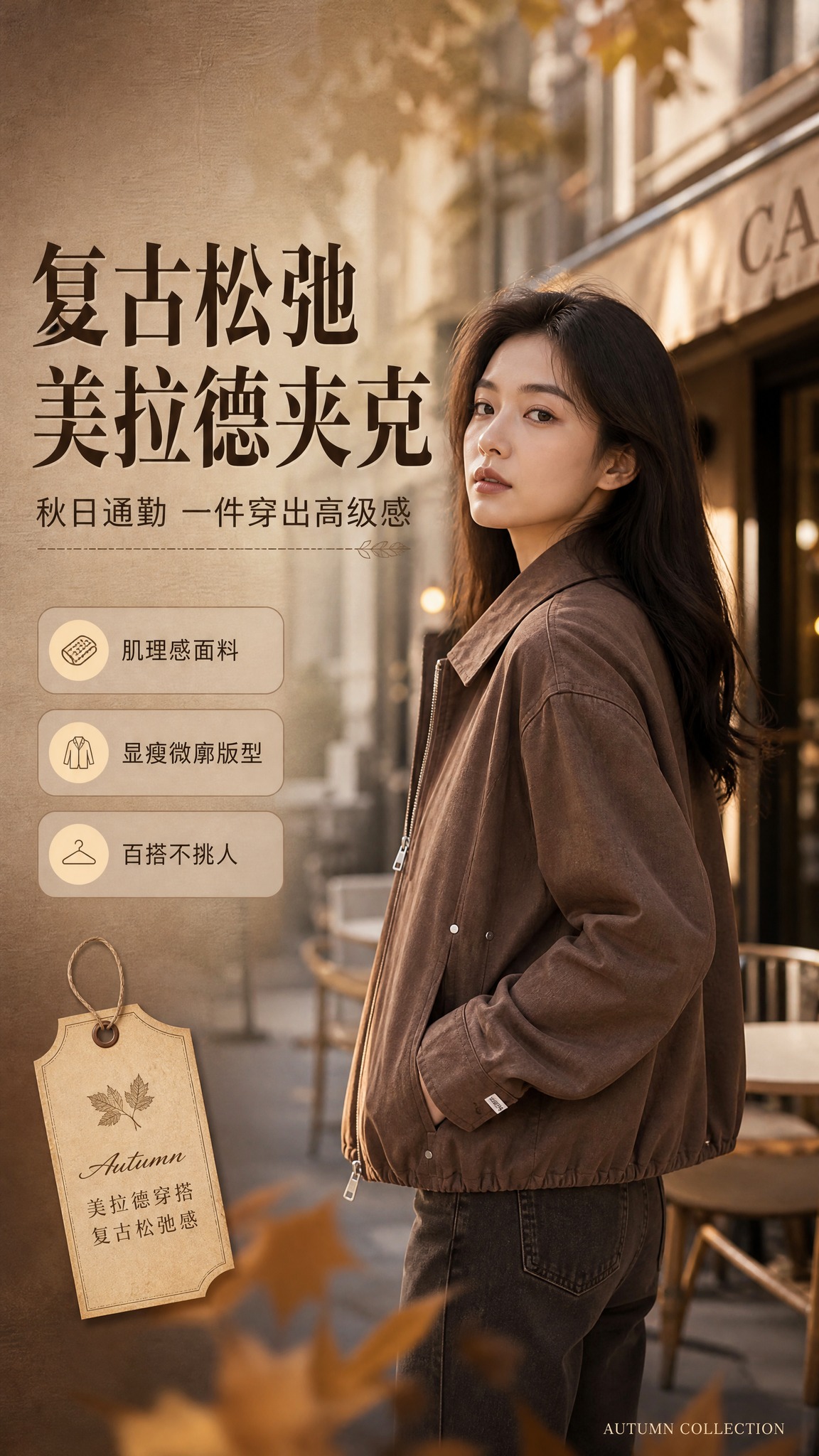 [商品] 使用【图1】棕色翻领拉链夹克；商品处理：保留翻领、金… - 图片创意预览