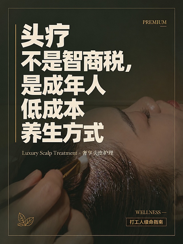 小红书笔记大字封面，配图大字，杂志海报轻奢风，版式精美，小红书笔记封面质感，适合信息流点击。主标题必须完整呈现且为画面视觉中心，逐字锁定：「头疗不是智商税，是成年人低成本养生方式」。主标题字号占画面约 60% 视觉权重，清晰可读，不得增删改字。副标题：「Luxury Scalp Treatment · 奢享头皮护理」。装饰短句/角标：「WELLNESS」「打工人续命指南」。背景：采用【图3】头皮护理刷药实景作全屏底图，叠加深墨绿色半透明遮罩，压暗背景，保留暖棕肤色与刷头的高级质感对比。标题排版：扁平超粗黑体，米白色主标题，左侧加一条细金色竖线装饰；采用配图大字 I17 底图+全屏遮罩策略，标题左对齐居中。配图：【图3】头皮护理实景全屏铺底，深色遮罩弱化背景细节，突出护理动作的精致感。装饰：右上角加金色英文小字「PREMIUM」角标；左下角 1 个极简金色叶子小图标；另加细金色外边框增强杂志感。整体氛围：高逼格、专业、轻奢、高级养生感，深绿金调，高端 SPA 质感。画质：高清细腻，信息层级清晰，米白字与深绿背景强对比，文字完整处于安全区内不可裁切，四周留安全边距。画面比例 3:4，4K。图生图：严格使用用户上传图片，【图3】= 头皮护理实景底图，顺序与上传一致。