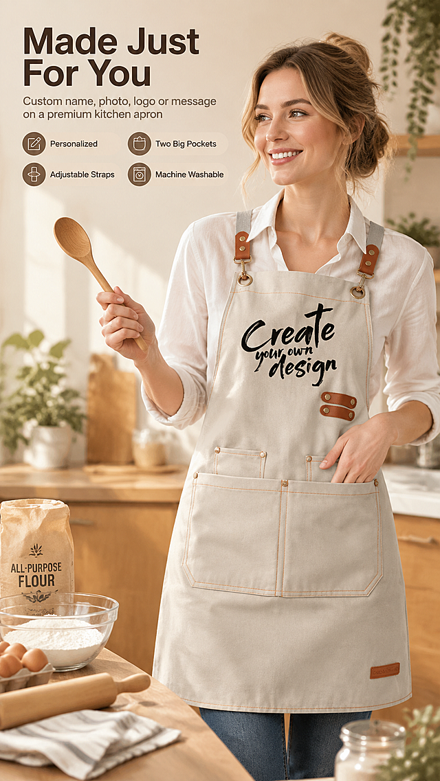 [商品] 使用【图1】米白/卡其帆布挂脖式围裙：保留胸前"Create your own design"黑色手写字、右下棕色皮革小标、三个口袋（上方两个小插袋+下方大双格贴袋）、宽幅灰织带+棕色皮革可调节肩带、古铜金属挂钩、橙棕明线、米白卡其色与褶皱质感；自然去除杂乱褶皱与压痕，理顺垂坠，增强面料纹理和缝线质感，不改变版型颜色结构。
[画面] 目标=详情页第1张结果海报头图，欧美成年女性厨师在明亮厨房烘焙台前穿着围裙，左手轻抚口袋、右手持木勺，产品占画面60%，前景烘焙工具与面粉袋、中景完整产品、后景木质橱柜与绿植虚化；主标题与图标区置于左上留白，阅读动线从左至右。
[视觉] 套系策略：风格=跨境极简高级商业摄影；标题字=现代无衬线粗体；正文字=简洁无衬线体；主色=米白卡其；背景延展=基于米白卡其做深浅层级、暖色同色渐变与细腻帆布/亚麻质感；强调色=棕褐，仅用于小面积图标、引线、标签；标题色=深炭棕；正文色=中暖灰；组件=圆角浅底信息卡、细线引线、胶囊标签；光影=左前侧暖柔光。
[文字] 左上留白区主标题"Made Just For You"，副标题"Custom name, photo, logo or message on a premium kitchen apron"，下方四个胶囊标签"Personalized""Two Big Pockets""Adjustable Straps""Machine Washable"；全部横向排版，不遮挡围裙主体、印花与口袋。
[规格] 9:16竖版，2160x3840像素，4K，避免变形、错字、文字过小、竖排文字、冷蓝/蓝灰背景、亚洲面孔、围裙颜色改变、版型失真、水印、品牌Logo仿制、绝对化用语。