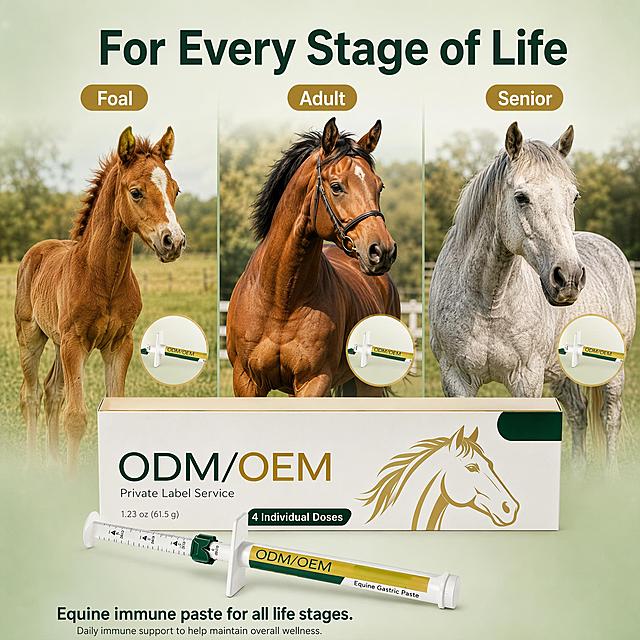 Equine immune paste for all life stages comparison. Split scene showing three horses of different ages side by side: a young foal, an adult athletic horse, and a senior horse. Each has a small product icon next to it. The full ODM/OEM product box and syringe displayed prominently at bottom. Soft green gradient background with subtle pasture elements. Text at top: "For Every Stage of Life" in large bold dark green font, with "Foal  Adult  Senior" labels under each horse section. Keep product appearance absolutely consistent with reference image. Warm professional equine photography style, soft lighting, clean composition. 1:1 square format.