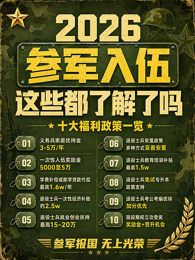 小红书笔记大字封面，纯大字，军旅风军绿迷彩风格，版式精美，小红书笔记封面质感，适合信息流点击。主标题必须完整呈现且为画面视觉中心，逐字锁定：「2026参军入伍 这些都了解了吗」。主标题字号占画面约50%视觉权重，清晰可读，不得增删改字。副标题：「十大福利政策一览」。底部文字：「参军报国 无上光荣」。背景：军绿色为主的迷彩纹理背景，带有轻微做旧质感，融入钢盔、五角星、步枪剪影等军旅元素暗纹点缀，硬朗有力量感。标题排版：采用纯大字P02高饱和撞色策略，黄色/米白色扁平超粗黑体/sans（非3D立体），关键词「参军入伍」加军绿色带铆钉边框的矩形色块底增强对比。中间内容区：十条政策要点分两列整齐排列，每条前有军牌样式序号，文字为米白色中号字体，关键数字（如3-5万、5000至5万、1.6w、2.5w、15-20万等）用军黄色高亮突出。装饰：左上角1个金色五角星小贴纸；右下角1个橄榄枝装饰；禁止底部横排多个emoji。整体氛围：军旅热血、硬核征兵、信息清晰有力。画质：高清细腻，军绿底黄字强对比，信息层级清晰，文字完整处于安全区内不可裁切，四周留安全边距。画面比例3:4，4K。