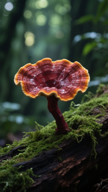 超写实摄影风格，特写镜头，森林深处的场景，光线从树叶间隙洒落形成柔和的光斑，背景是模糊的深绿色植物，营造出神秘幽静的氛围。画面中心是一块覆盖着鲜绿色苔藓的深色朽木，朽木上生长着造型独特的灵芝——菌盖呈现出波浪状的不规则边缘，如同绽放的花瓣层层叠叠，表面保留原有的深红色泽并带有光泽感，边缘有一圈明亮的橙黄色轮廓，菌柄为暗红色且略带弯曲，整体质感细腻，细节清晰，光影过渡自然，突出灵芝的独特形态和自……预览效果