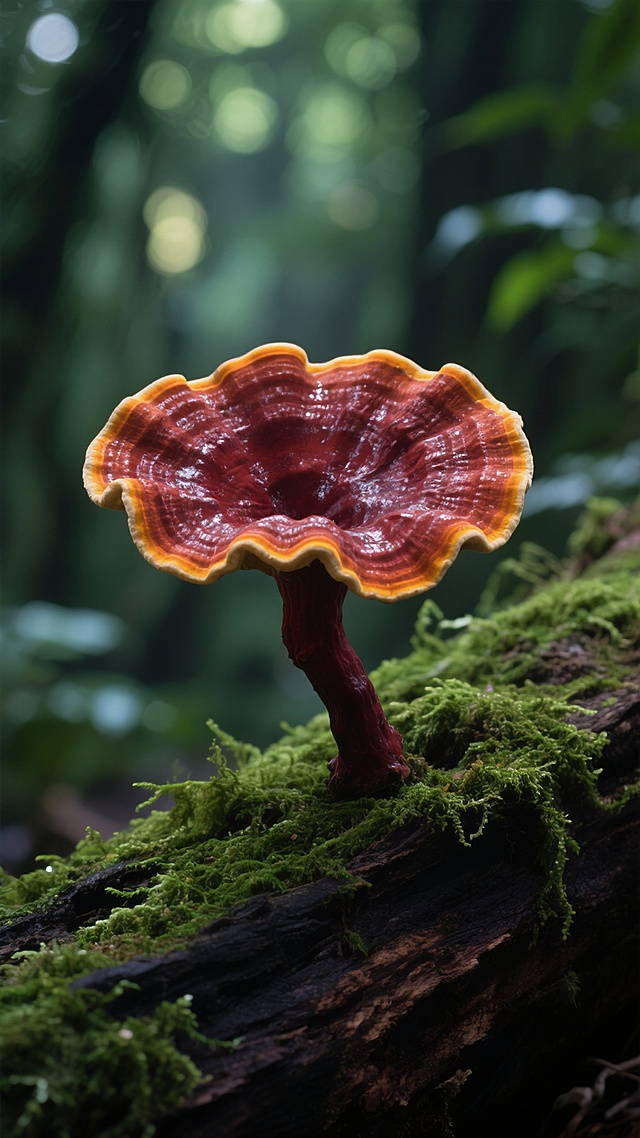 超写实摄影风格，特写镜头，森林深处的场景，光线从树叶间隙洒落形成柔和的光斑，背景是模糊的深绿色植物，营造出神秘幽静的氛围。画面中心是一块覆盖着鲜绿色苔藓的深色朽木，朽木上生长着造型独特的灵芝——菌盖呈现出波浪状的不规则边缘，如同绽放的花瓣层层叠叠，表面保留原有的深红色泽并带有光泽感，边缘有一圈明亮的橙黄色轮廓，菌柄为暗红色且略带弯曲，整体质感细腻，细节清晰，光影过渡自然，突出灵芝的独特形态和自然生命力。