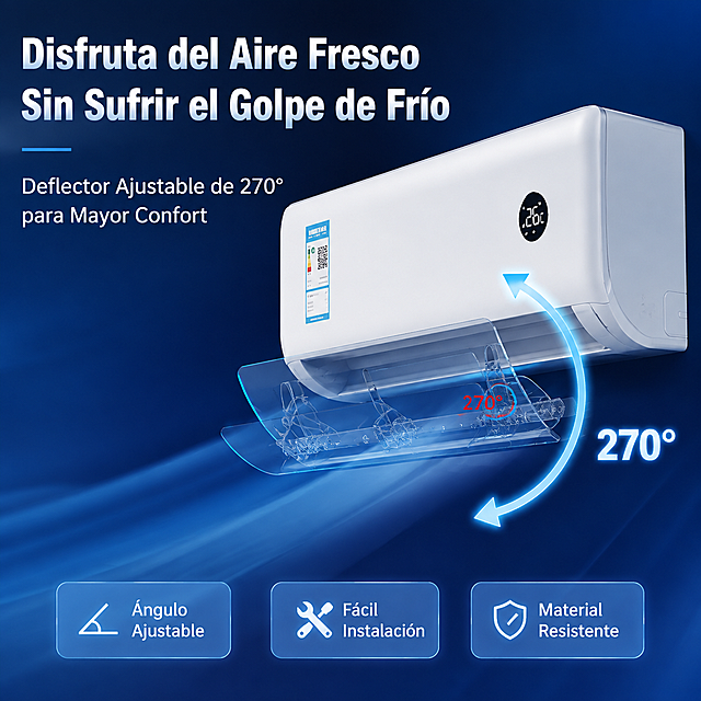[第2张] 产品海报图 - Deflector de Aire Ajustable para Aire Acondicionado。本张使用【图1】作为产品主体与角度调节示意。
[氛围/风格] 科技蓝海报风，清爽专业，跨境电商主视觉质感。
[元素布局] 白色壁挂空调+透明挡风板置于画面右侧，占比约60%；蓝色气流弧线可视化展示270°导风效果；左侧留大面积标题区；背景为深蓝渐变，点缀微弱发光线条和冷气光效；底部悬浮三块卖点胶囊；产品透明挡板、支架结构、空调外观与输入图一致。
[光影质感] 右上方主光勾勒空调轮廓，左侧冷色补光，底部柔和投影，透明挡板有蓝色反光，整体清凉科技感。
[配色色系] 全局底色 #1E3A5F 深蓝；主色白色空调+透明挡板；辅助色蓝色气流、白色标题、浅蓝卖点。
[视角构图] 微仰视，产品为视觉重心，阅读动线左上标题 → 右侧产品 → 底部卖点。
[文字版式] 全部西班牙语。左上主标题大字两行「Disfruta del Aire Fresco」「Sin Sufrir el Golpe de Frío」；副标题「Deflector Ajustable de 270° para Mayor Confort」；底部三个卖点胶囊：「Ángulo Ajustable」「Fácil Instalación」「Material Resistente」；文字不遮挡产品主体。
[负向提示词] 产品变形，结构错误，文字错乱，颜色偏差，水印，中文字符，背景杂乱。