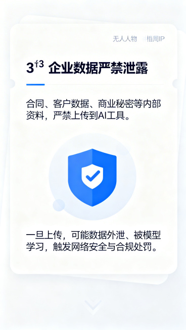 极简信息图，白色背景，清晰卡片排版，蓝色商务风，文字易读，无人物无IP，安全图标，扁平矢量风格，画面包含文字"3️⃣ 企业数据严禁泄露""合同、客户数据、商业秘密等内部资料，严禁上传到AI工具。""一预览效果