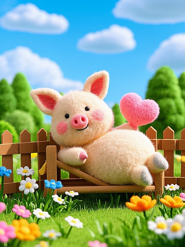 卡通插画风，拟人小猪手捧爱心，毛发生长感十足，营造可爱温馨氛围。