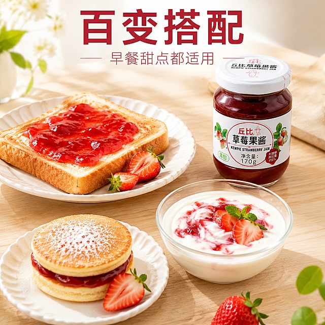 使用电商主图技能生成5张比例1:1的电商主图，适配平台为淘宝/天猫，商品为「图片1」「图片1」，商品卖点为草莓果酱，多种搭配0脂美味