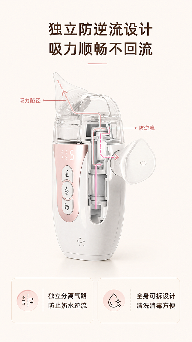 [第6屏] 人性化设计细节展示屏，突出防逆流和易清洁设计。
[氛围/风格] 专业解析风，柔和背景，清晰示意图，干净通透，延续整体风格。
[元素布局] 顶部主标题，中部放置产品侧剖面原理示意图，底部放置两个设计要点卡片，产品整体保持粉白款原有结构，使用图3产品图参考，结构颜色一致。使用箭头示意防逆流路径，清晰展示原理。
[光影质感] 光线均匀打亮剖面结构，示意线条清晰，明暗层次分明，细节可见。
[配色色系] 全局底色：#f8f4f0；产品本身粉白配色不变，示意图线条浅粉色，卡片浅米白色，文字深棕色，保持整体配色统一。
[视角构图] 竖向排版，标题在上，原理示意图居中，要点卡片在下，构图清晰，动线流畅。
[文字版式] 顶部主标题「独立防逆流设计
吸力顺畅不回流」居中加粗展示。中部示意图用箭头和文字标注防逆流路径，下方两个卡片分别说明：「独立分离气路 防止奶水逆流」「全身可拆设计 清洗消毒方便」，文字清晰，排版宽松，移动端易读。
[比例分辨率] 9:16竖版比例，4K超高清分辨率，文字清晰可辨。
[负向提示词] 产品变形，结构错误，颜色偏差，文字错乱，示意图不清晰，水印，绝对化宣传。