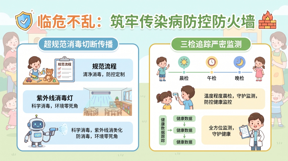 传染病防控工作页，主标题“临危不乱：筑牢传染病防控防火墙”，分两部分介绍：超规范消毒切断传播、三检追踪严密监测，幼儿园清新专业风格，排版清晰预览效果