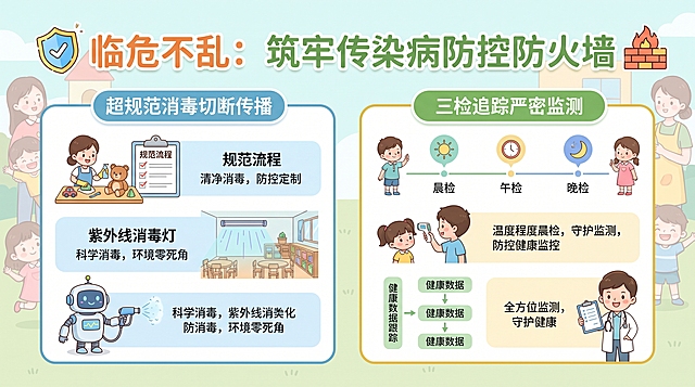 传染病防控工作页，主标题“临危不乱：筑牢传染病防控防火墙”，分两部分介绍：超规范消毒切断传播、三检追踪严密监测，幼儿园清新专业风格，排版清晰