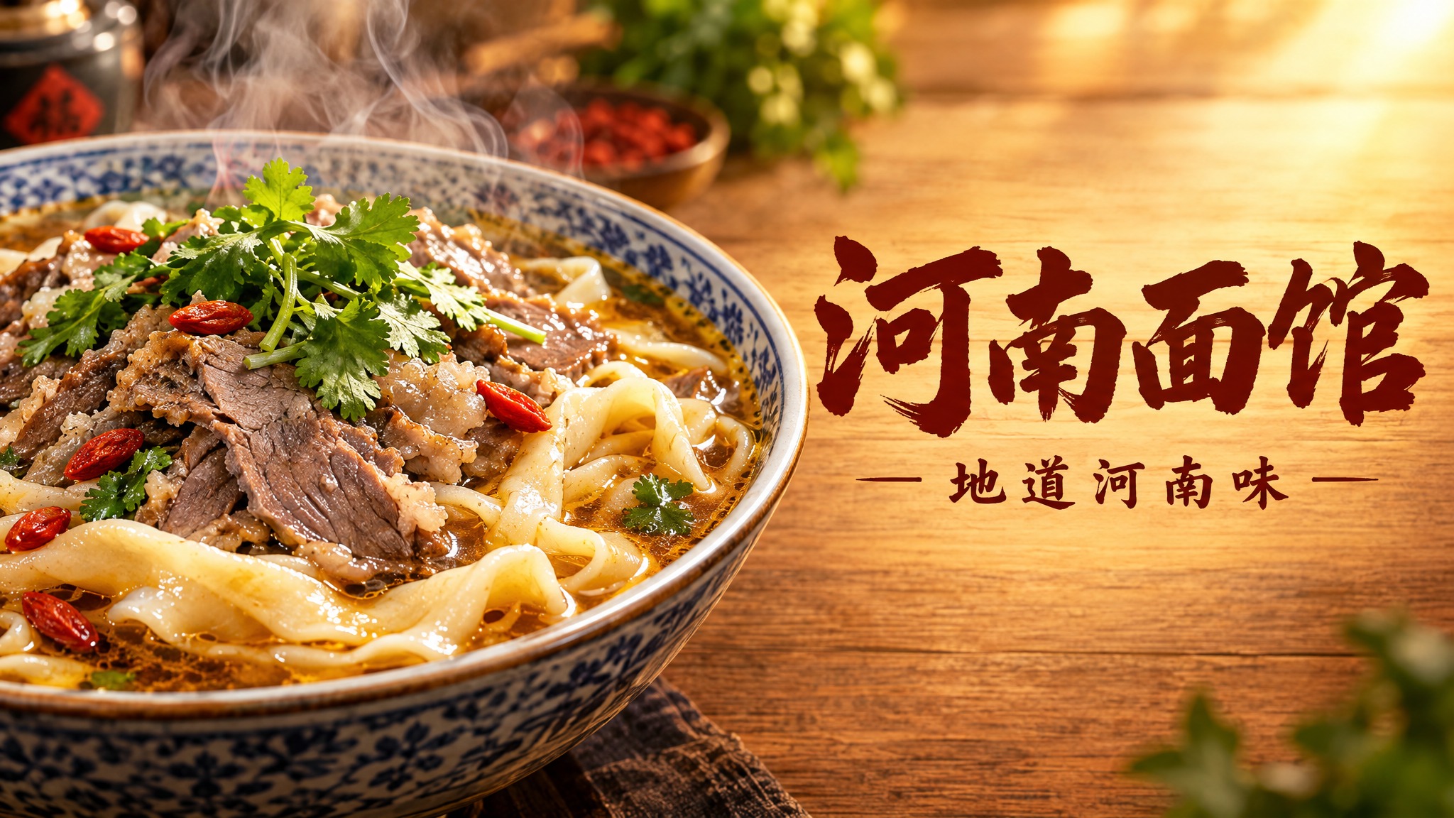 写实商业摄影风格，河南面馆店招设计。横版构图，画面左侧是一碗冒… - 图片创意预览