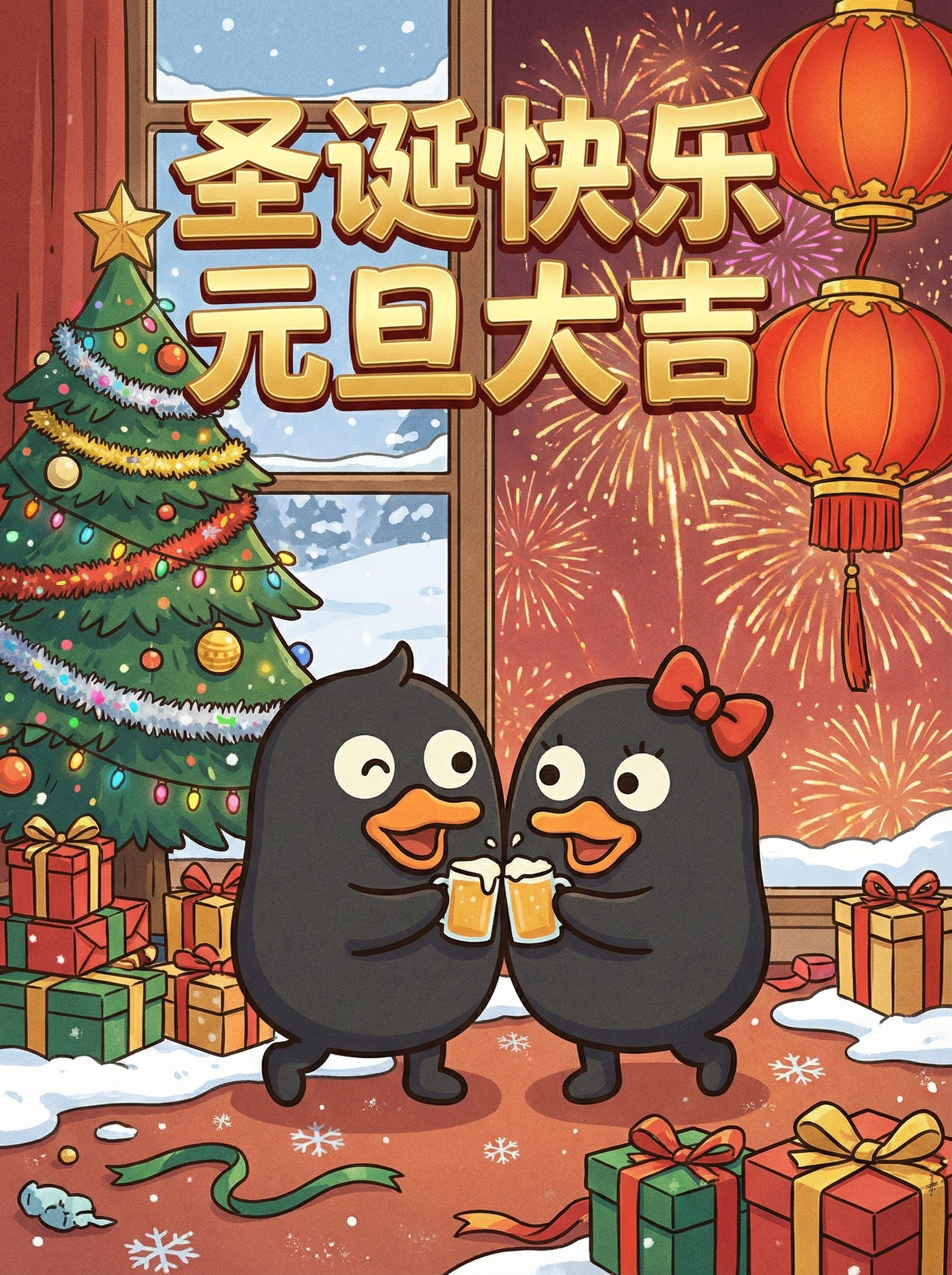 帮我以参考图形象为主要人物形象，设计出圣诞元旦氛围喜庆感的海报 - 图片创意预览