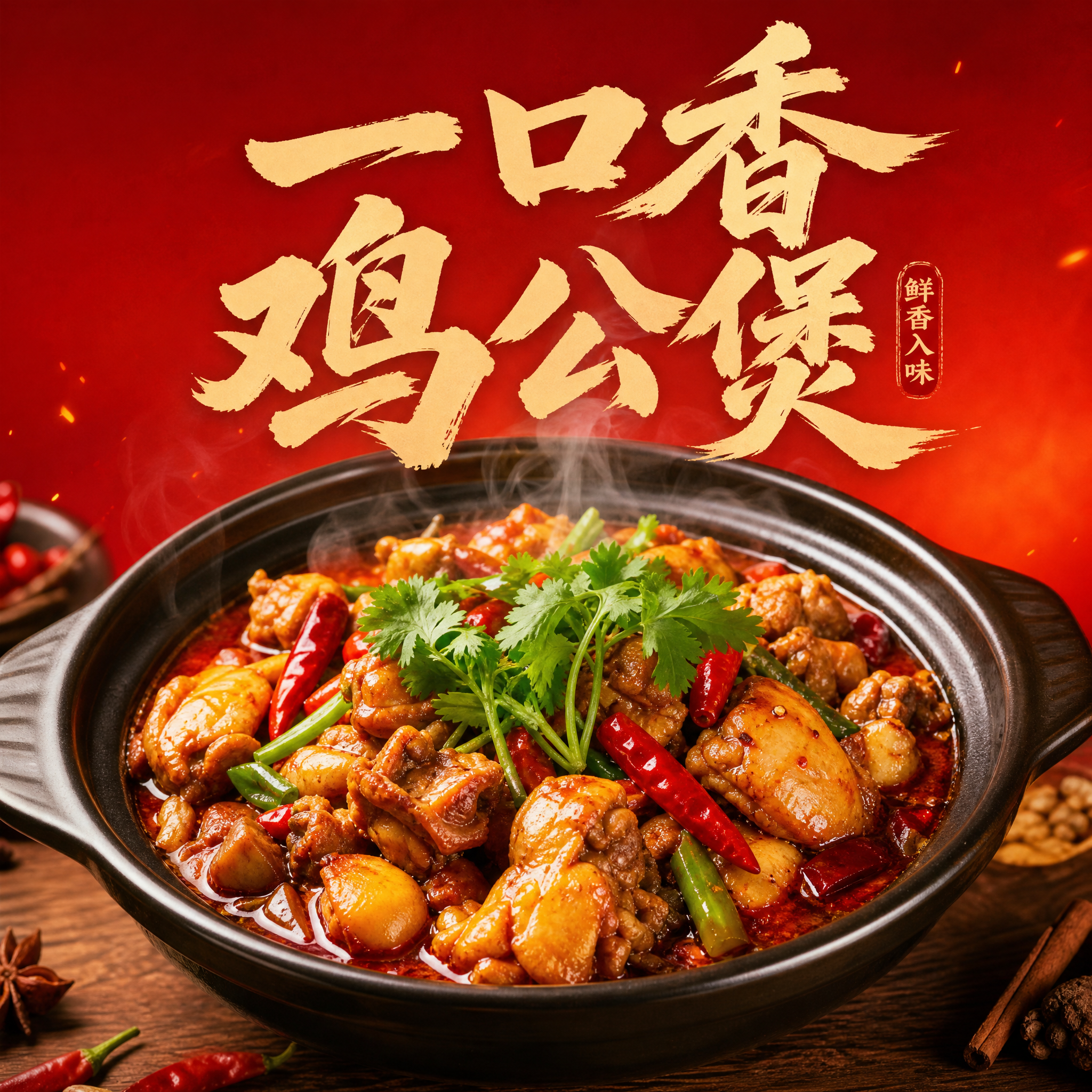 餐饮品牌头像设计，店名"一口香鸡公煲"，以砂锅鸡公煲为主体视觉… - 图片创意预览