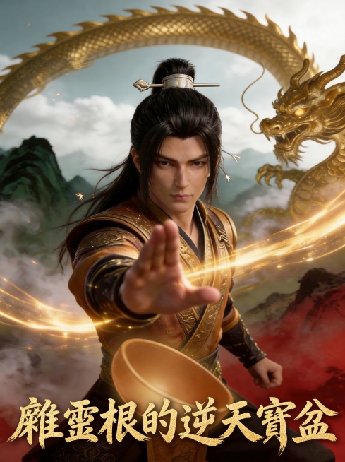 保留原海报整体画面、人物形象、金龙和背景色调，擦除原海报所有原有文字信息，保留原文字的位置和排版风格，在对应位置重新添加繁体中文文字“雜靈根的逆天寶盆”，保持文字风格与原画面一致：金色质感花体字，灵动预览效果