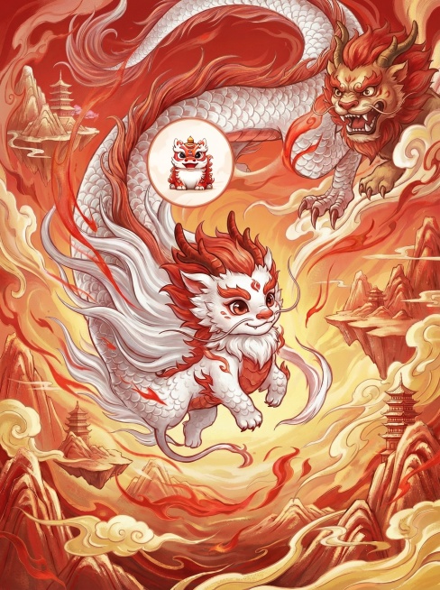 年兽放两边，中间留白，色调为红白色预览效果