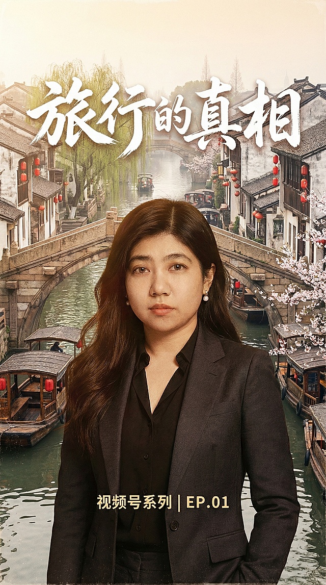 保留人物主体和文字"旅行的真相""视频号系列 | EP.01"，更换为江南水乡旅行背景，风格温婉古韵