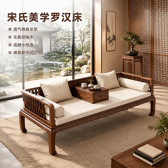 [主图-1] 宋氏美学新中式胡桃木罗汉床首图展示
[氛围风格] 新中式禅意家居，温馨居家生活感，宋氏雅致美学氛围
[画质] 商业摄影质感，光线柔和通透，产品清晰真实，画面干净高级
[元素] 保持罗汉床外观（物理结构、材质质感、颜色）与输入产品图绝对一致，杜绝任何变形和色差，精细化处理。罗汉床居中展示，配备透气棉麻坐垫和两个圆形扶手枕，中部放置可移动实木小茶柜，上面摆放茶道小品。背景为新中式客厅，大落地窗引入室外庭院景观，右侧搭配实木格栅隔断和盆景花架，地面铺米色羊毛地毯，软装搭配丰富自然。商品主体占比严格控制在60%-80%之间，画面满屏无边框。
[光影] 午后自然光从左侧落地窗射入，形成柔和的斜射光斑，木质表面呈现自然温润光泽，阴影层次清晰，整体暖调光影营造慵懒舒适感。
[配色] 主色调为胡桃木深棕色搭配棉麻米白色，背景浅米灰色、庭院绿色点缀，整体配色和谐雅致，符合中式禅意风格
[视角构图] 45度斜侧平视视角，景深适中，产品轮廓完整，前景中景背景层次分明
[文字版式] 左上负空间左对齐留安全边距。大字主文案「宋氏美学罗汉床」，胡桃木深棕色，大号粗体无衬线字体。下方排列四个卖点：透气棉麻坐垫、北美胡桃木、品牌水性漆、禅意新中式，每个卖点搭配方形圆点图标，颜色比主标题浅一号，大小缩小一半。
[比例分辨率] 1:1比例，2048px*2048px，4k分辨率，文字清晰锐利，超高清
[负向提示词] 变形，文字错乱，产品图模糊，背景杂乱，水印，电商平台Logo，绝对化违禁词