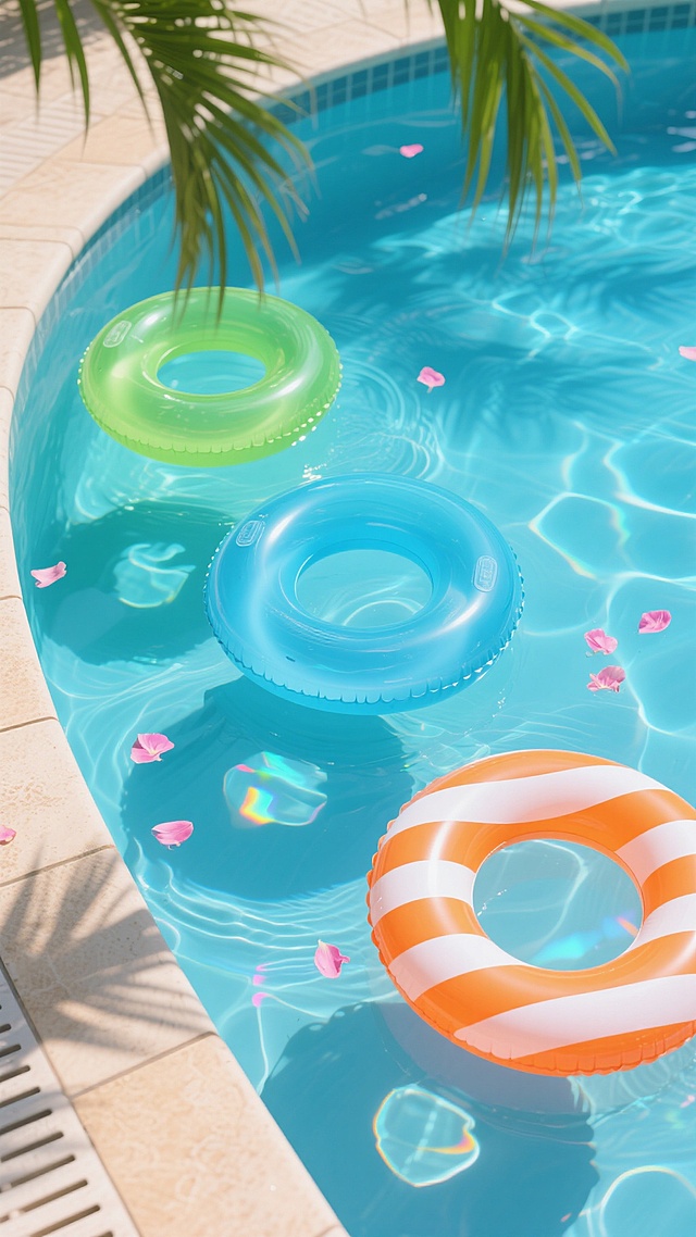 俯视镜头，三个半透明充气游泳圈在波光粼粼的浅蓝泳池中轻轻旋转，绿色游泳圈漂浮在左上方，蓝色游泳圈位于画面中心，橙色游泳圈偏右下方，每个游泳圈都带有三条白色水平条纹，阳光透过水面在池底投射出彩色光斑和涟漪，水面漂浮着几片粉色花瓣，泳池边缘可见部分米色瓷砖和绿色棕榈叶阴影，整体色调以清澈蓝为主，点缀橙绿白三色，营造出轻松愉快的夏日午后氛围。