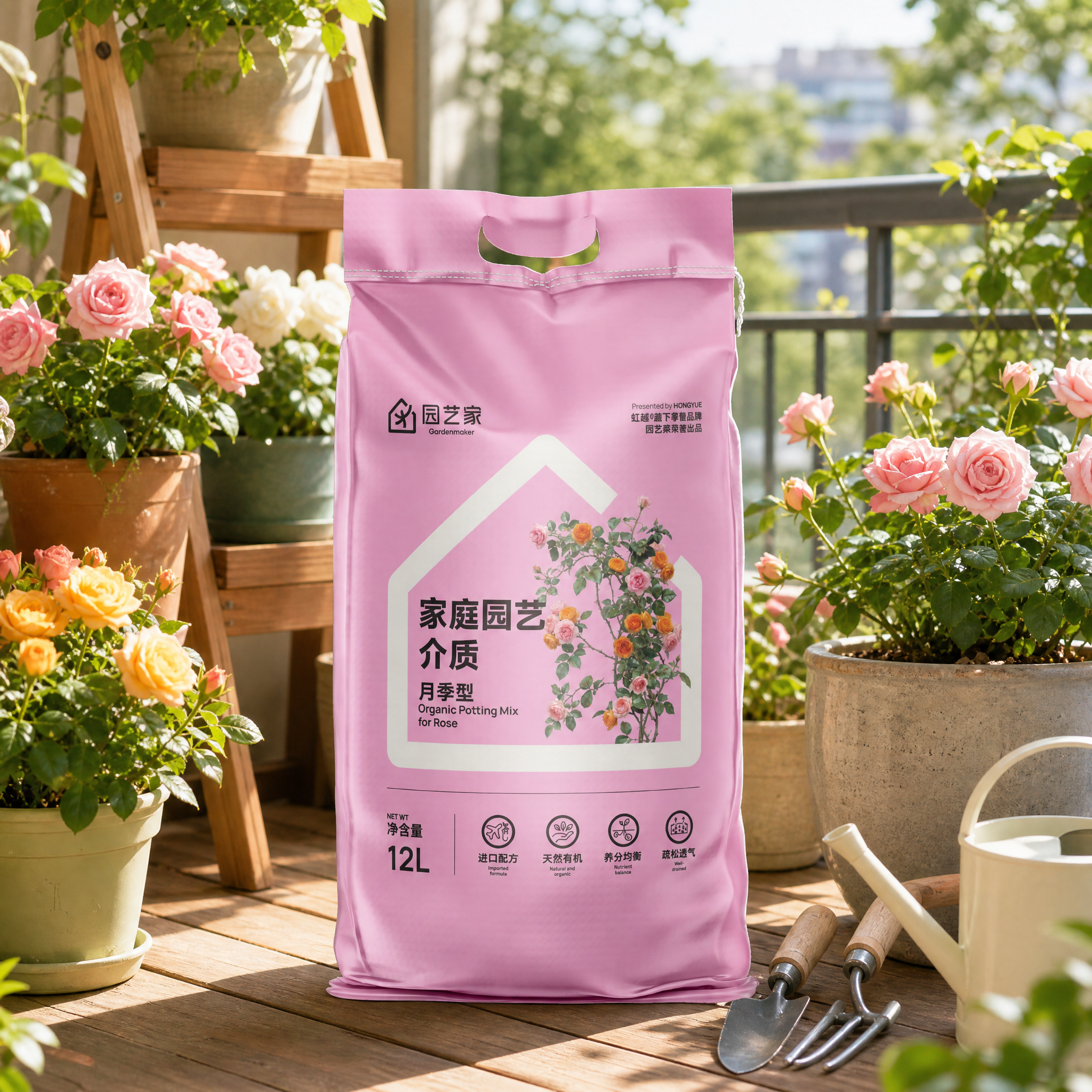 这袋月季型园艺介质放在温馨的阳台园艺场景中，周围摆放盛开的月季… - 图片创意预览