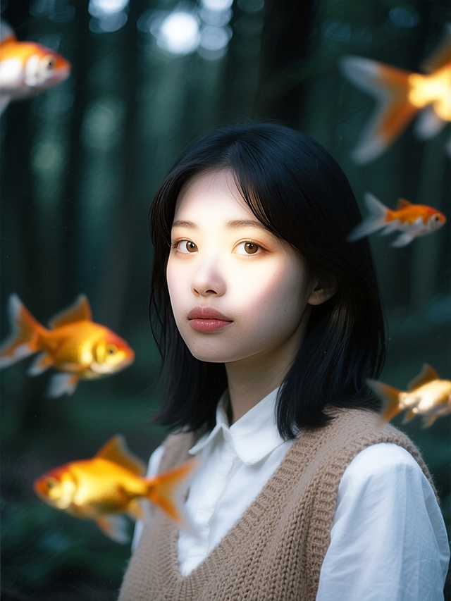 森林少女，环绕动态模糊的金鱼，金鱼发光，梦核暗调。脸部一束光，奶油肌，特写