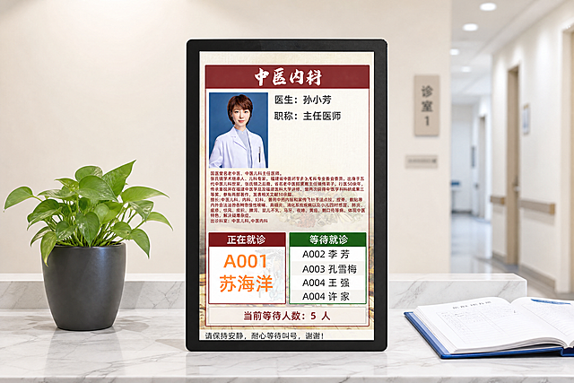 商业级医疗产品摄影。
主体：分诊屏严格参照上传产品图，完整保留所有可见组件、轮廓、结构、比例、材质、颜色与产品本体上的文字信息，产品外观和色彩色调不改变，产品占画面60%-70%，完整不裁切，绝对视觉主导，中景构图，产品正面朝向镜头，产品界面根据场景需求适配调整。
构图：居中构图，正前方平视视角。
风格：现代简约医疗风。
场景概念：专科诊疗中心入口处，工作日上午明亮的诊疗环境。
承载与空间：①分诊屏放置在浅灰色大理石导诊台面上，细腻浅灰色纹理；②背景为干净的米白色乳胶漆墙面，远处虚化展示诊室走廊。
陪衬物：①导诊台左侧，一小盆绿色绿萝盆栽，哑光深灰色陶瓷花盆；②导诊台右侧，一本打开的蓝色医疗登记本，白色纸张。
配色：主色调浅灰，辅助色米白，点缀色绿色蓝色，四种颜色：浅灰/米白/绿色/蓝色。
材质：四种材质：大理石/乳胶漆/陶瓷/纸张。
光影：主光从正面斜45度照射，照亮分诊屏正面，辅光为环境均匀补光，产品边缘柔和轮廓光切分，分诊屏黑色边框哑光柔和反光。
参数：4K 写实光追。严格锁定宽高比为 3:2