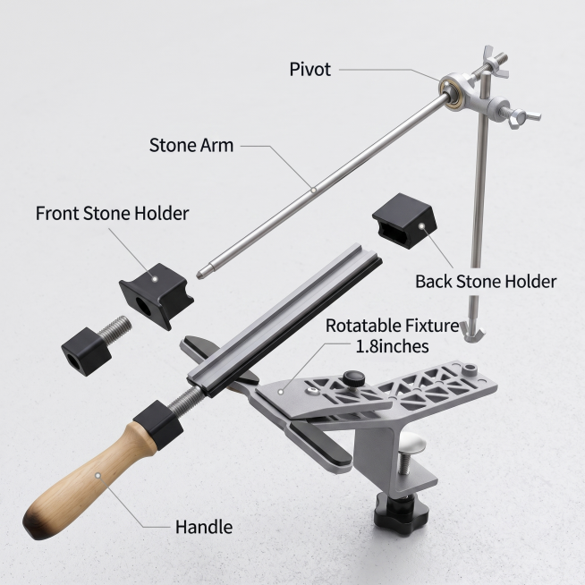 [Main image 2] Knife sharpener exploded structure detail diagram, highlight each functional part. [A预览效果