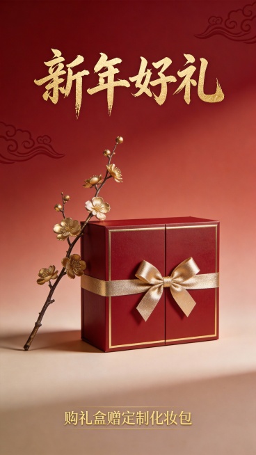竖版极简风新年美妆礼盒推广海报，奢华赠品风格，采用哑光深红与磨砂金配色方案。画面聚焦于高端红色哑光礼盒，饰以鎏金边框与箔金丝带蝴蝶结，斜置一枝鎏金梅花枝于礼盒侧畔。背景为纯色哑光红底衬以暗浮雕云纹，大预览效果