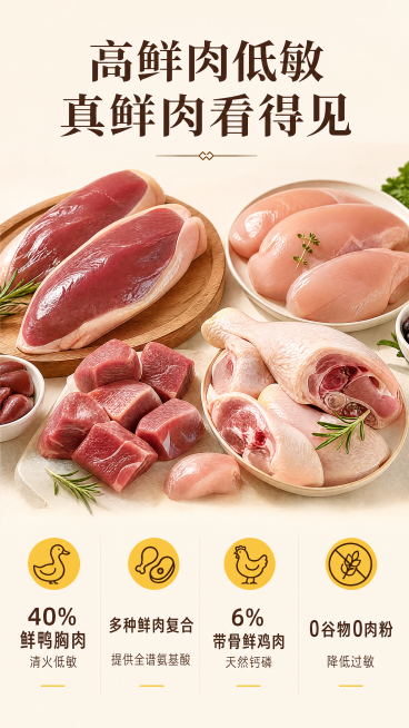 [第2屏] 高鲜肉低敏核心原料展示，本屏使用【图4】原料实拍。上半部分放原料图，下半部分分四栏列卖点：40%鲜鸭胸肉清火低敏、多种鲜肉复合提供全谱氨基酸、6%带骨鲜鸡肉天然钙磷、0谷物0肉粉降低过敏。预览效果