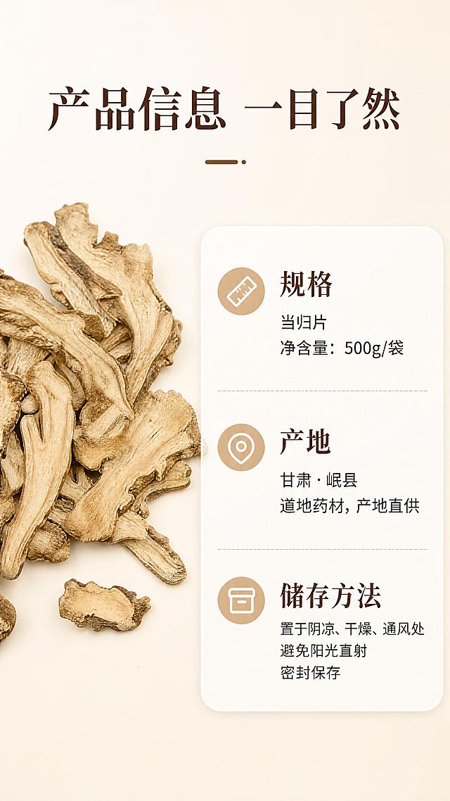 [第7屏] 规格储存说明页，左侧放【图1】当归片小图，右侧信息卡说明规格、储存方式。标题"产品信息 一目了然"。背景浅米黄，参数清晰易读。包含内容：规格、产地、储存方法。9:16，4K。负面：文字乱，信息错误。