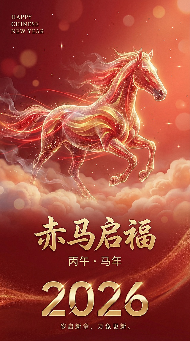 赤马腾云，鎏金闪耀，国潮插画风融合粒子光影，营造梦幻喜庆氛围，虚拟自然场景中尽显体积感与节日祥瑞。