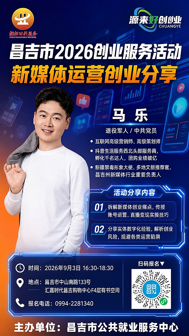 政务创业沙龙宣传海报，竖版，新媒体运营主题背景，背景有丰富的新媒体元素（手机、点赞、评论、播放按钮、数据图表等）。蓝橙渐变配色，左下角有橙色渐变。现代简约商务风格。

【顶部左右两个logo - 原图不修改，尺寸小一点】
左上logo：金色渐变圆形，白色建筑图案，红色文字。建筑必须是白色！
右上logo：蓝绿渐变环形，白色+绿色文字。不能是黑色字！

【大标题】白色粗体大字："昌吉市2026创业服务活动"
【副标题】橙色大字："新媒体运营创业分享"

【左侧人物 - 必须严格保持这个姿势！】
中年男性马乐，短发，白色长袖上衣，上半身（只保留到腰部附近，不要腿）。人物姿势：右手（观众视角的左手）抬起，手指捏着灰色衣服的一角搭在右肩上，左手（观众视角的右手）插在口袋里或自然下垂。人物面带微笑，正视前方。
人物背后没有光环，没有圆形光圈。
人物大小适中，上半身。
绝对不能出现两只手都伸出来的姿势！必须是一只手搭着灰色衣服在肩上的姿势！

【右侧嘉宾信息】
"马 乐" 白色字体，居中对齐
"退役军人 / 中共党员" 白色小字，居中对齐
3条头衔，带圆点：
"・互联网高级营销师、高级策划师"
"・抖音生活服务西北头部服务商，孵化千名达人，团购业绩破亿"
"・新疆禁毒形象大使、多地文旅推荐官，昌吉州新媒体行业重要负责人"

【活动内容板块 - 蓝色科技感发光边框，不是橙色！】
标题："活动分享内容"，蓝色或白色字体
两条内容，带序号01/02，蓝色科技感边框（和参考图一样的蓝色发光边框，不是橙色背景）：
"01 拆解新媒体创业痛点，传授账号运营、直播变现实操技巧"
"02 分享实体数字化经验，解析创业风险，规避各类运营陷阱"
活动内容板块是蓝色科技感边框，不是橙色背景！

【活动信息区域 - 蓝色科技感线条小框，排版整齐工整，字体大小不变】
外面有蓝色科技感线条小框（和活动内容框风格一致，都是蓝色科技感发光线条）。
框内三行内容排版整齐工整，左对齐，每行开头图标对齐，文字对齐，行距均匀。
字体大小保持不变。
内容：
"⏰ 时间：2026年9月3日 16:30-18:30"
"📍 地点：昌吉市中山南路133号汇嘉时代昌吉购物中心F4层有书空间"
"☎ 报名电话：0994-2281340"
地点分两行，两行字大小一样，对齐工整。

【二维码区域 - 在信息框右侧或右下角】
二维码原图保留。上方"扫码报名▼"

【底部 - 主办单位字体非常大，白色粗体大字】
"主办单位：昌吉市公共就业服务中心"

最重要警告：
1. 人物姿势必须是一只手搭着灰色衣服在肩上，不能两只手都伸出来！
2. 活动内容板块是蓝色科技感边框，不是橙色背景！
3. 时间地点报名电话排版整齐工整，字体大小不变！
4. 左上角logo建筑是白色！右上角logo文字是白色+绿色！
5. 人物上半身，背后没有光环！
6. 主办单位字体非常大！