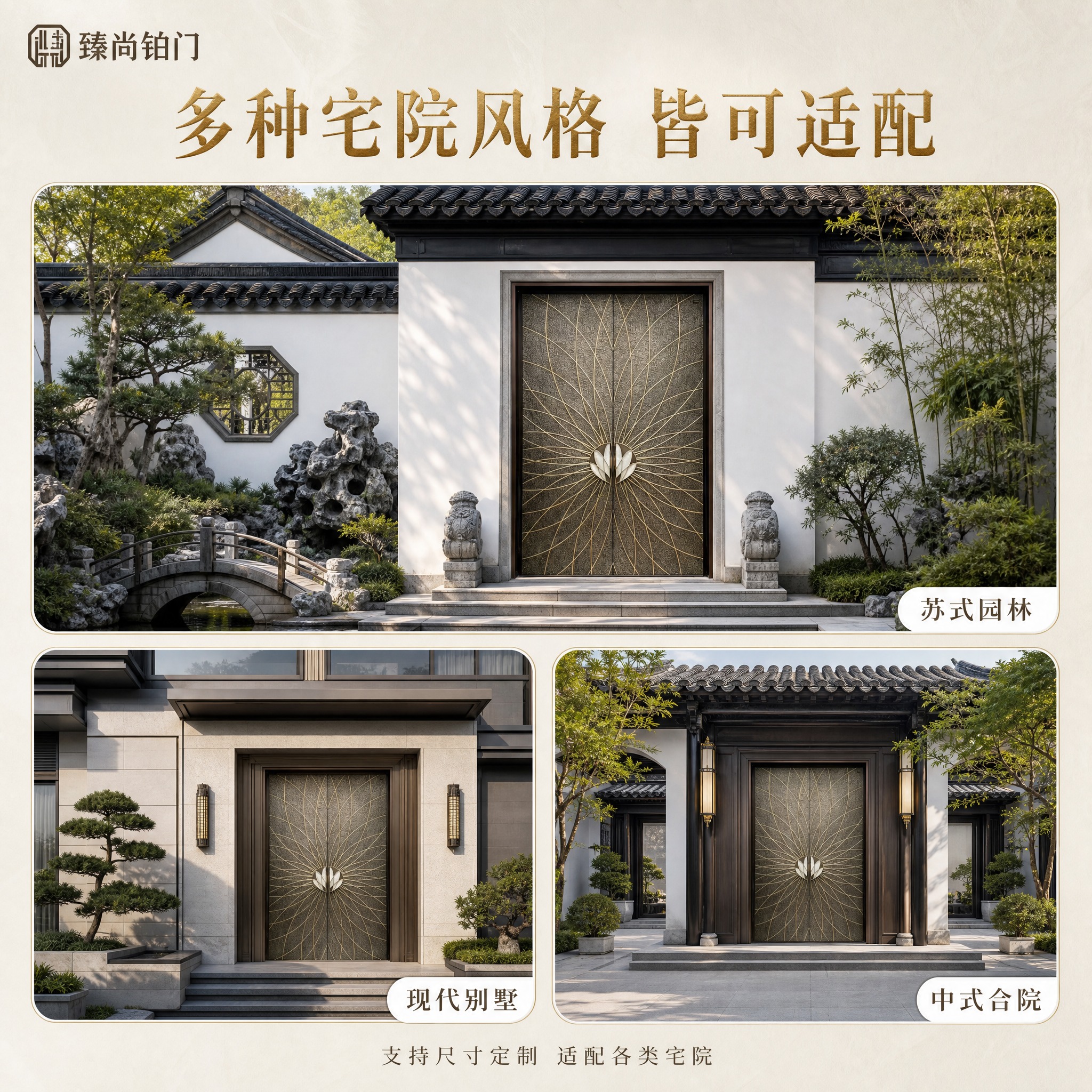 [主图-4] 多场景适配展示图，展示莲花放射纹大门在不同新中式… - 图片创意预览