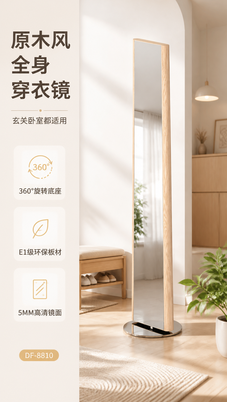 [商品] 使用【图1】DF-8810原木风旋转穿衣镜；保留圆柱… - 图片创意预览