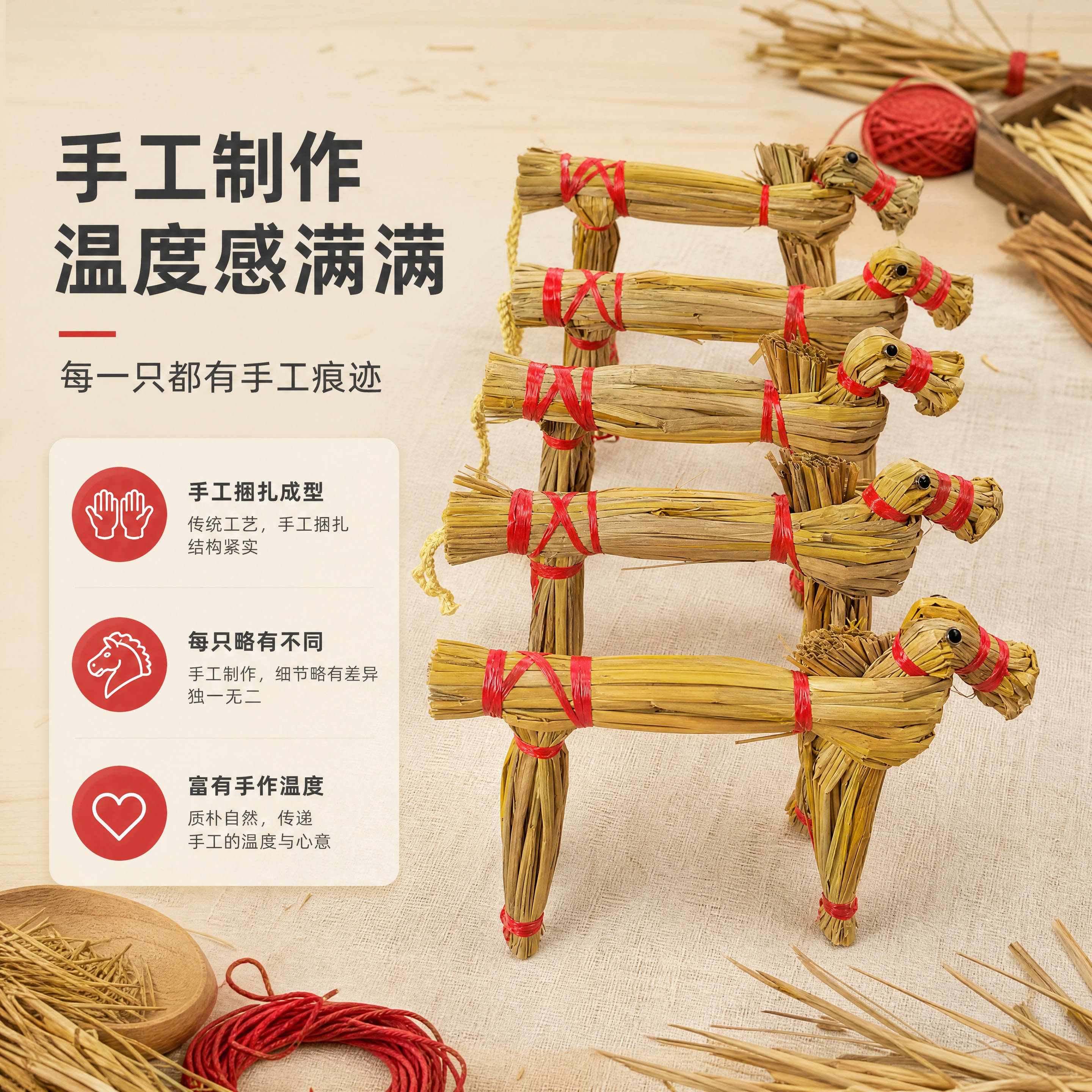 [商品] 使用【图4】红绳捆绑稻草马摆件（五只排列）；保留稻草… - 图片创意预览