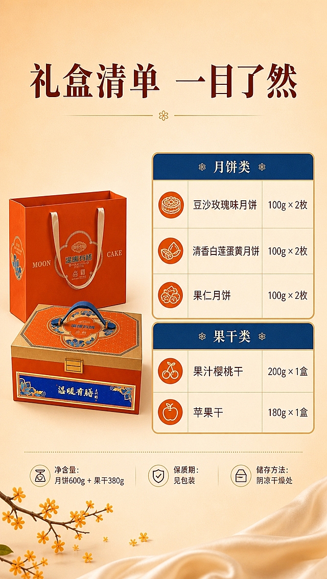 [商品] 使用【图1】【图2】温暖有膳中秋礼盒；保留礼盒外观、颜色、品牌文字；礼盒作为侧边展示，规格信息为主。
[画面] 目标：礼盒规格清单，信息清晰明了。构图：左侧礼盒小图（占30%），右侧规格信息区（占70%）；背景浅暖米色，简洁干净；信息用表格+图标形式呈现，条理清晰；底部装饰桂花枝，保持套系风格统一。
[视觉] 套系策略：风格=国潮中式高级商业美食摄影；标题字=宋体衬线粗体（国风厚重）；正文字=简洁无衬线体；主色=暖橙红；背景延展=基于暖橙红做浅暖米渐变、简洁干净底色；强调色=宝蓝色，仅用于表格标题栏、图标；标题色=深棕红；正文色=暖棕灰；组件=金边表格、圆角图标、分隔线；光影=均匀柔光，信息清晰。
[文字] 顶部主标题「礼盒清单 一目了然」；下方规格表格：
【月饼类】
· 豆沙玫瑰味月饼 100g × 2枚
· 清香白莲蛋黄月饼 100g × 2枚
· 果仁月饼 100g × 2枚
【果干类】
· 果汁樱桃干 200g × 1盒
· 苹果干 180g × 1盒
底部小字：「净含量：月饼600g + 果干380g | 保质期：见包装 | 储存方法：阴凉干燥处」；文字全部横向排版，字号清晰手机可读。
[规格] 图片比例9:16竖版，4K分辨率，负向提示：避免变形、错字、文字过小、信息混乱、极限词、平台Logo。