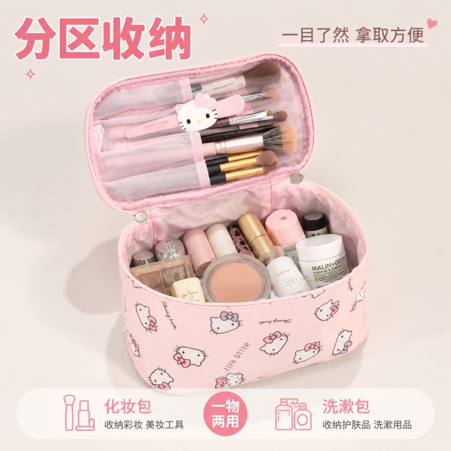 「图片1」「图片1」「图片1」，生成一套主图（5张），商品名称是化妆包，卖点是可爱高颜值，洗漱包收纳包两用，易收纳，适配抖音平台，主图比例为1:1预览效果