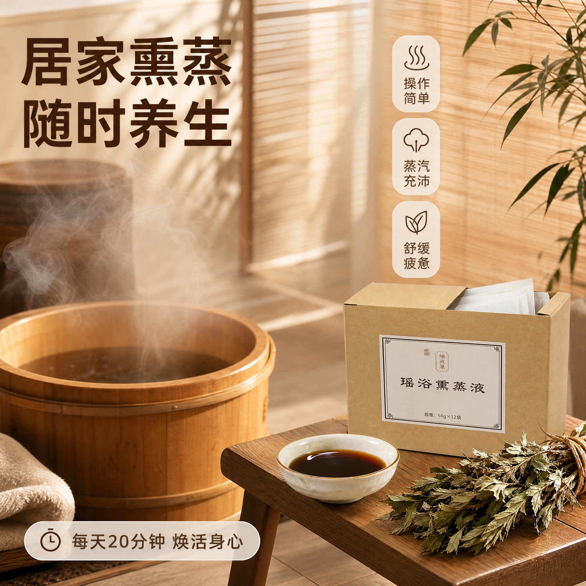 [主图-3] 使用场景与质地展示 展示瑶浴熏蒸液的居家使用场景… - 图片创意预览