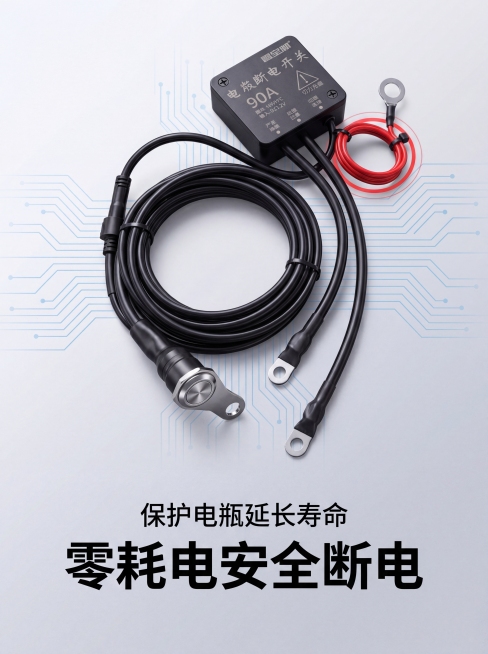 [主图3] 摩托车断电开关功能展示主图 氛围风格 极简科技风高级商业摄影 画质 4K超清商业摄影质感 光线均匀通透 产品细节清晰 画面干净高级 元素 摩托车断电开关产品主体旁搭配电路示意图线条元素 浅预览效果